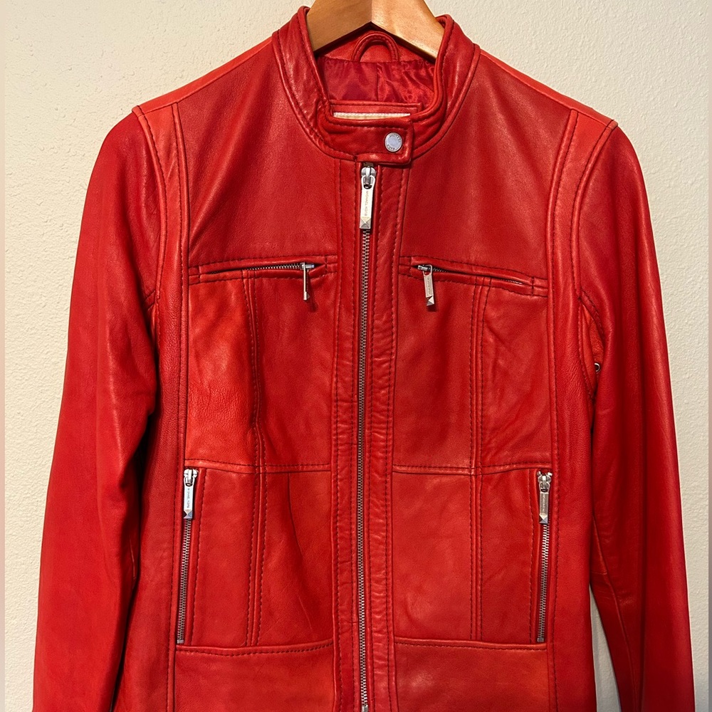 Michael Kors Red Leather Bomber Moto Jacket